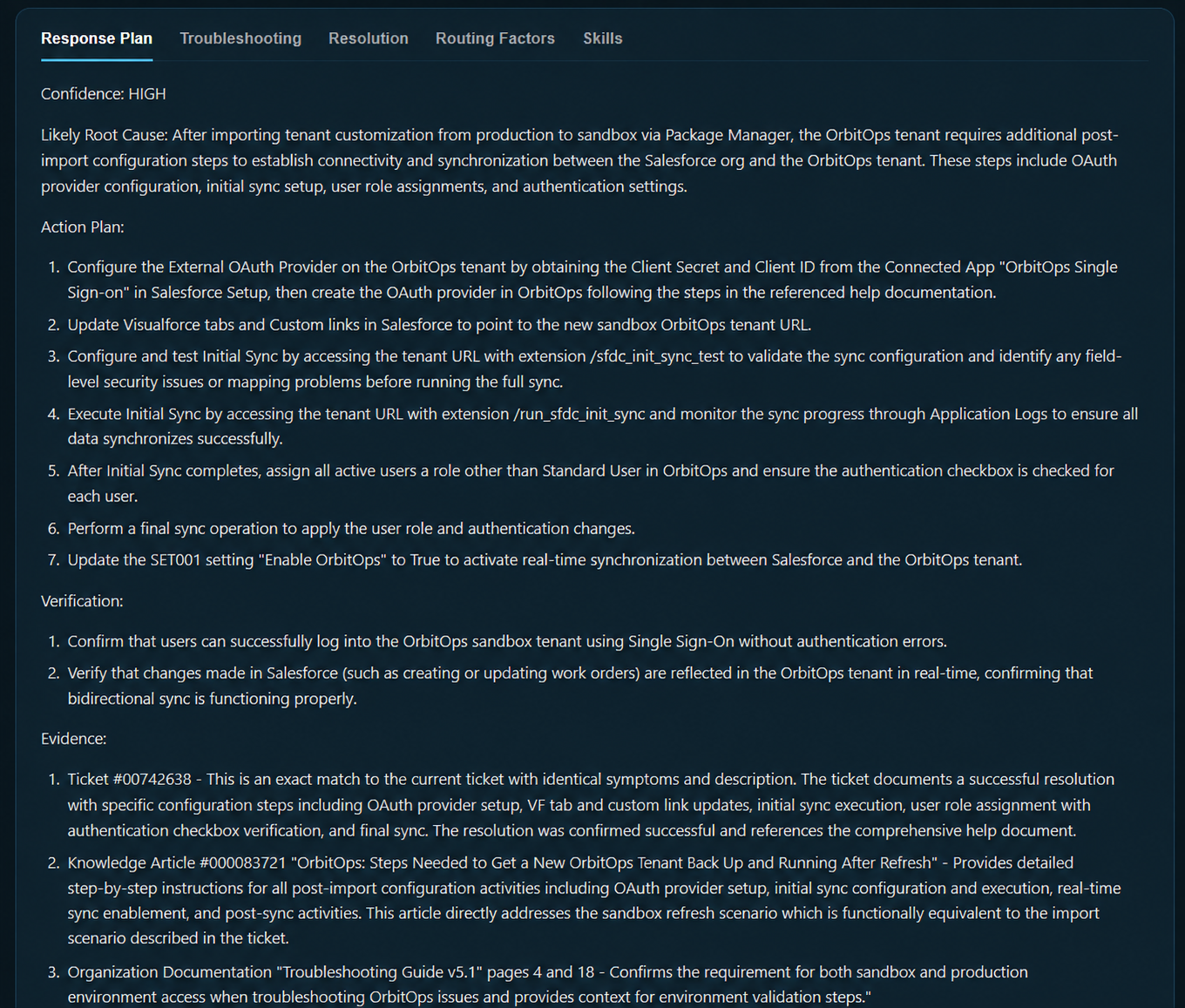 GaussIQ response plan with likely root cause, action plan, verification and evidence.